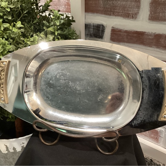 Vintage Silver Metal Kromex Serving Tray with Gold Metal Accent Handles - Picture 2 of 10